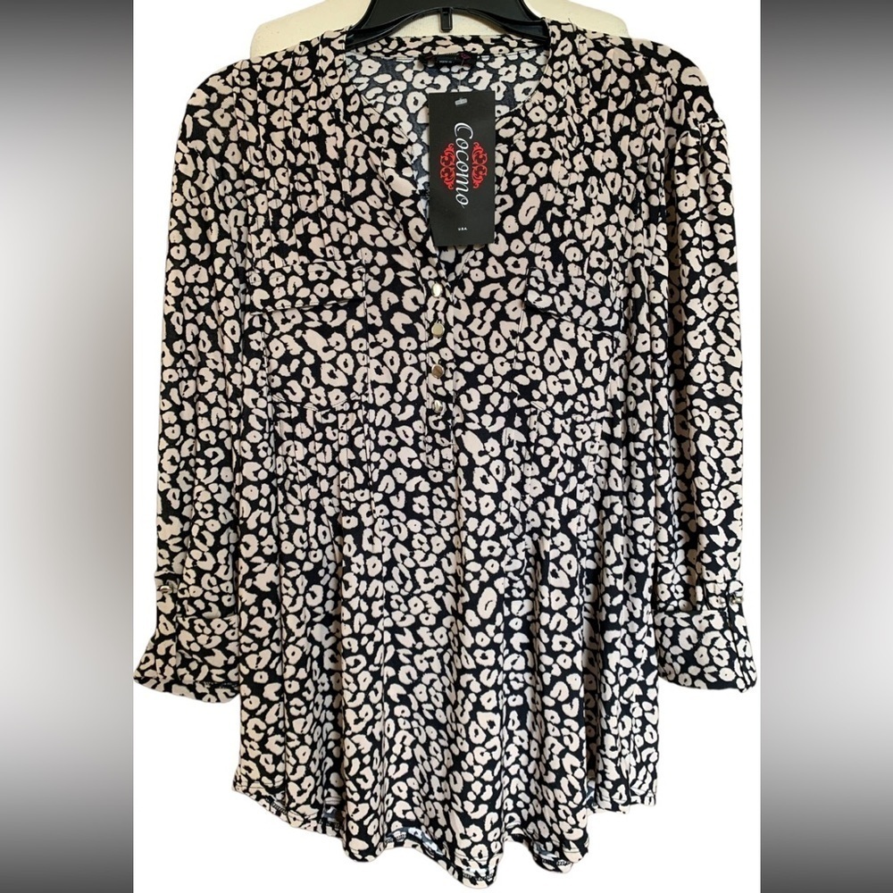 COCOMO XL Beige Black 3/4 sleeve women's Pintuck Blouse top shirt